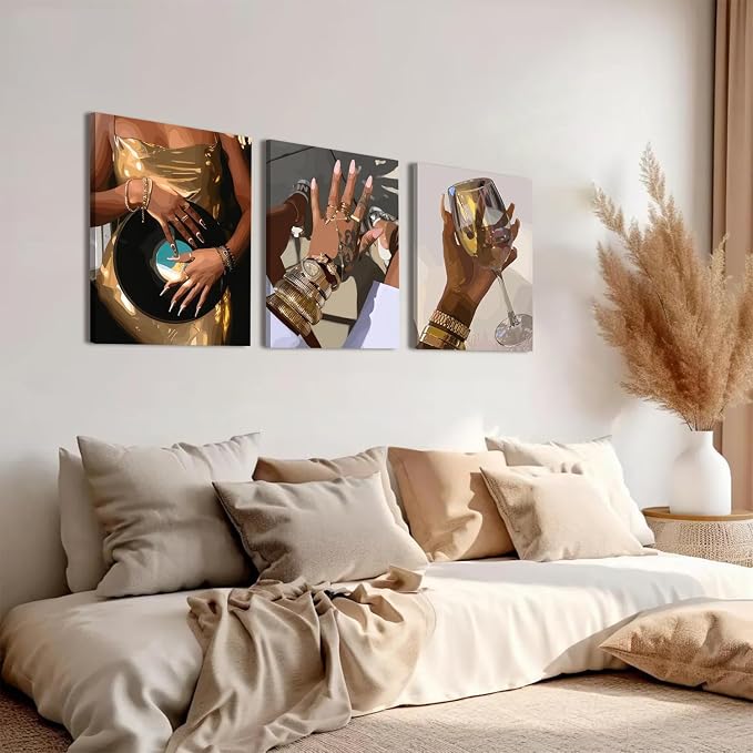Black Girl wall Art Set of 3, African American Woman Wall Decor Fashion Gold