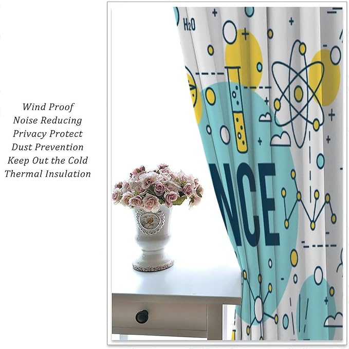 Science Symbols Kids Curtain Sketches Cartoon Chemistry Physics Geometry Education Pattern Print Window Drapes for Bedroom Living Room Kitchen Decor,2 Panel Set,63x72 Inch Blackout