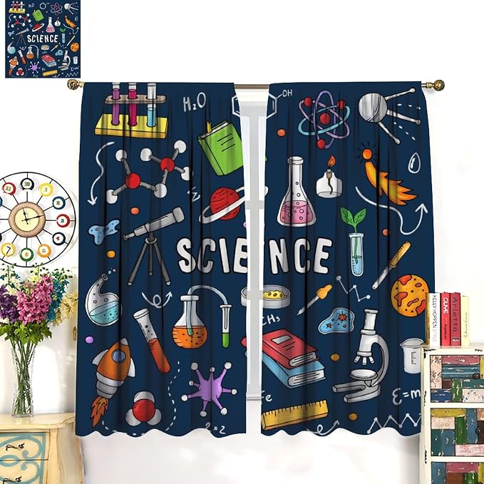 Science Physics Window Curtains, Abstract Math Chemistry Curtain Scientist Graffiti Print Window Treatments for Kids Teens Bedroom Living Room Kitchen Set 2 Panels,42x45 Inches, Style-4