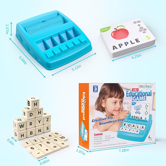 Educational Toys Learning Games for Kids 3-8, Matching Letter Spelling Early Math Game for Preschool& Kindergarten Kids Boys and Girls Light Blue ，Christmas Birthday gift for 4 5 6 7 boys girls