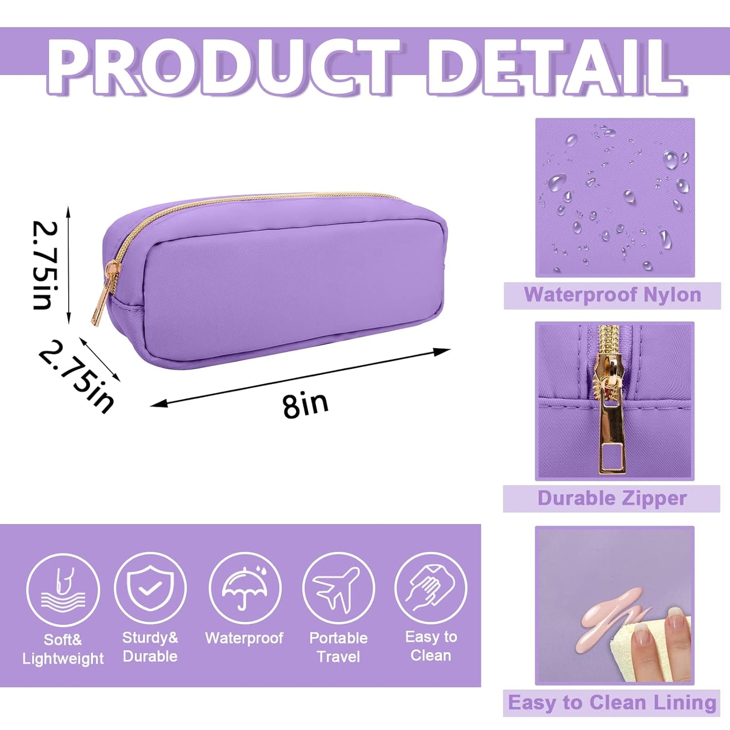 Small Pencil Case Makeup Bag for Purse, Cute Pencil Pouch Preppy Nylon Makeup Brush Bag with Zipper, Girls Portable Stationery Storage Case Small Pen Bag for Office School College(Slim-Grape)
