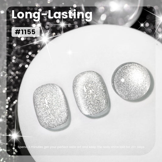 RARJSM Silver Cat Eye Gel Nail Polish with Magnet Stick Reflective Sparkle Translucent Clear White Glitter Cateye Gel Polish 15ml Single Bottle UV LED Curing Requires Soak Off for Home Salon