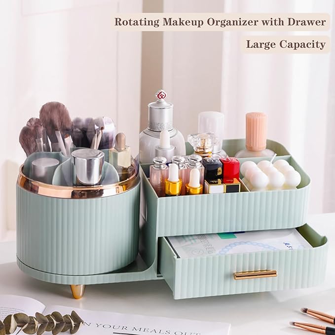 Rotating Makeup Organizer for Vanity with Brush Holder and Drawer, Cosmetic Makeup Storage, Large Spinning Makeup Skincare Organizer, Countertop Makeup Perfume Organizer, Lotions Display Case (Green)