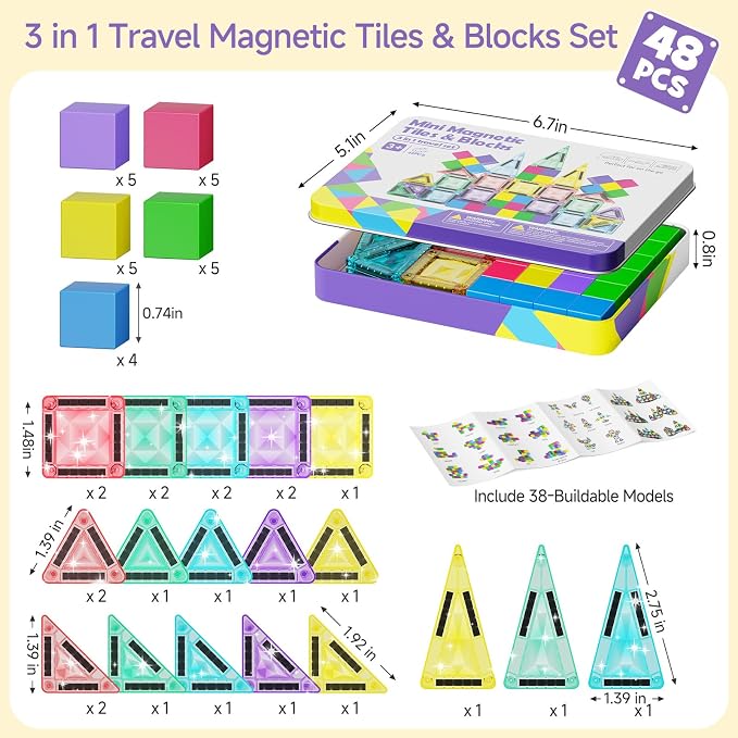 burgkidz Magnetic Tiles Travel Set: 48PCS 3-in-1 Tin Box Mini Magnet Blocks | 60-Mins Quiet Focus with 45-Second Cleanup, Perfect for Air Travel & Car Trips Boys & Girls Ages 3-8
