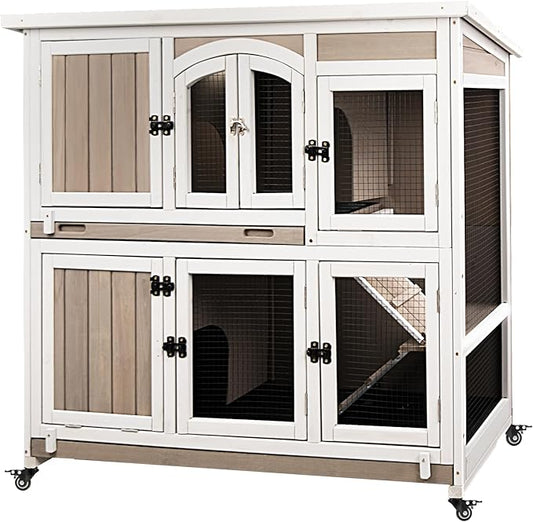 47"L Rabbit Hutch Indoor Wooden 2 Story Rabbit Large Bunny Hutch Outdoor Bunny Cage on 4 Metal Wheels and 2 Deeper Pull Out Trays, Ramp,Guinea Pig Pet House for Small to Medium Animals,Grey