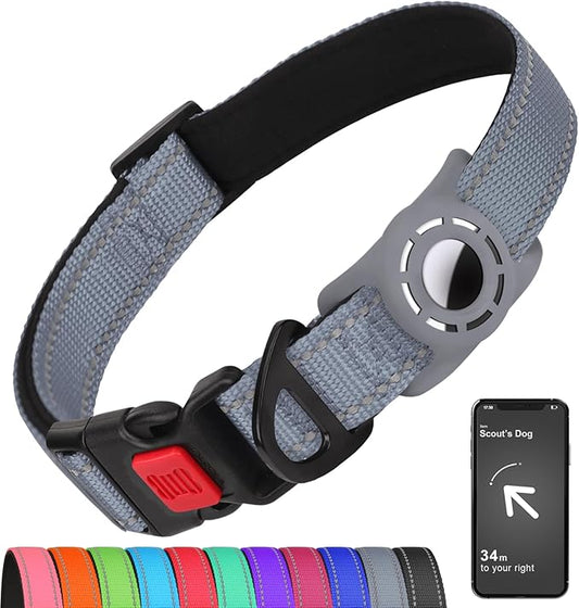 Airtag Dog Collar with AirTag Holder for Large Dogs, Reflective, Soft Padded & Safety Locking Buckle, Nylon Pet Collars Adjustable for All Breeds, Grey,L