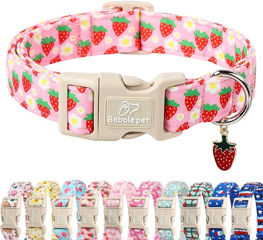 Cute Spring/Summer Dog Collar, Adjustable Pink Strawberry Dog Collars for Small Dogs, Lightweight Quick-Release Buckle Collar for Boy&Girl Dogs S