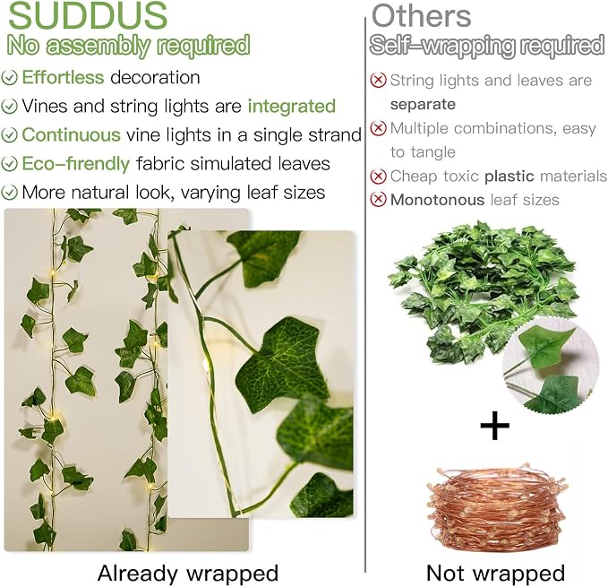 suddus Vine with Fairy Lights Battery Operated, 33ft 100 LED Ivy String Lights