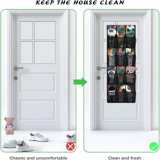 Tie-Dye Soccer Ball Over Door Hanging Organizer, 12 Colorful Pockets Sports Decor Storage for Dorm Room & Game Room, No Drill Easy Install for Shoes & Balls
