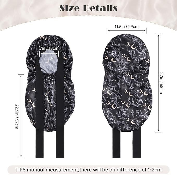 AWAYTR Long Satin Bonnet for Braids - Elastic Silk Hair Bonnets for Sleeping Night Cap Stretchy Tie Band for Women(Star and Moon)