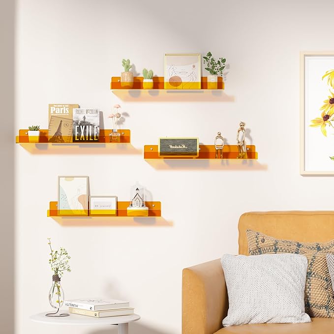 Acrylic Wall Shelves, 15 in, 4 Pack – Clear Orange