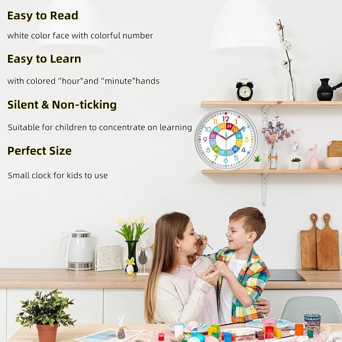 XFM Learning Clock for Kids Silent Non Ticking Battery Operated Colorful