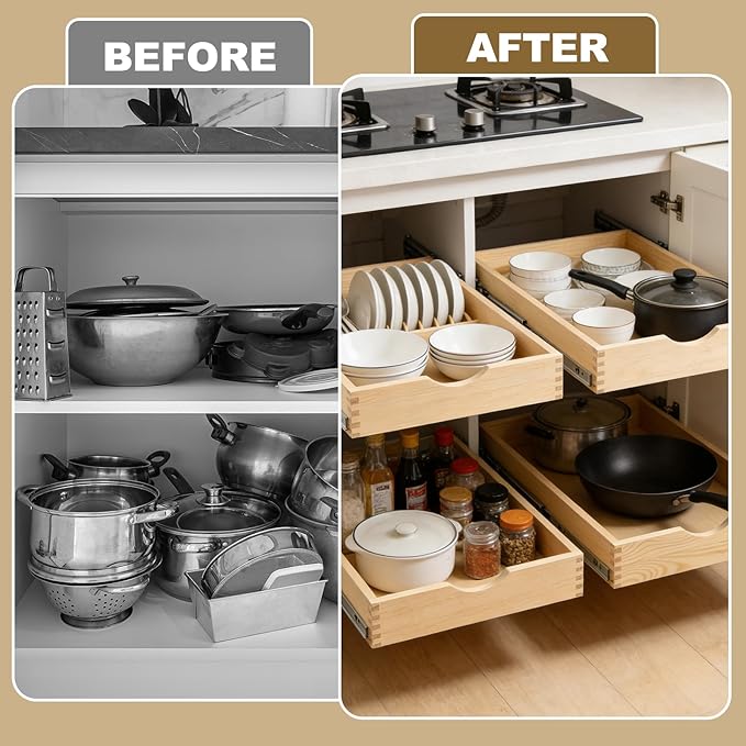 17" Pull Out Cabinet Drawer (Fits 18" Cabinet Opening), Wood Slide Out Cabinet Shelf Organizer with Ball Bearing Slides, Clear Lacquer Finish, Heavy Duty Kitchen Cabinet Pull Out Shelves