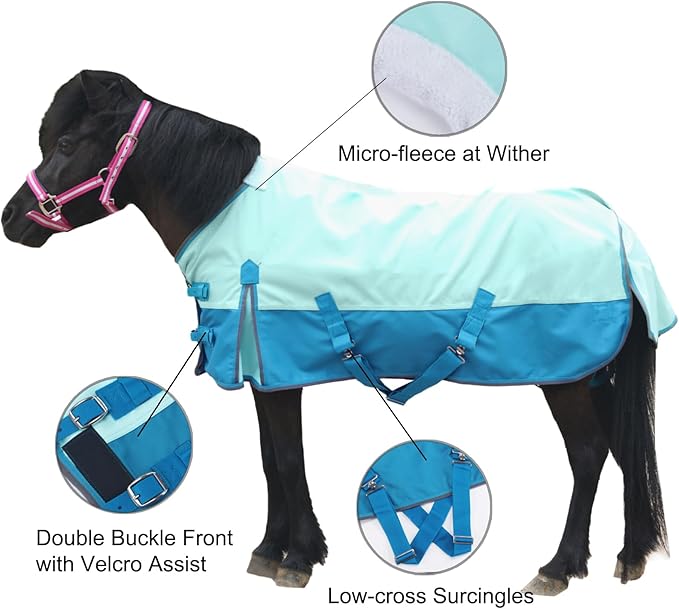 Mini Horse/Pony/Foal/Miniature Size 36"-51" Lightweight Waterproof & Breathable 1200 Denier Turnout Blanket with No Filling Turquoise 39"