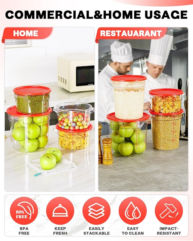 6QT NSF Round Food Storage Containers with Lids: 4 PCS [Total Food Grade][Hot&Cold Resistant] Dough Proofing Container for Pizza, Bread with Measuring Spoons Included(BPA FREE) (RED)