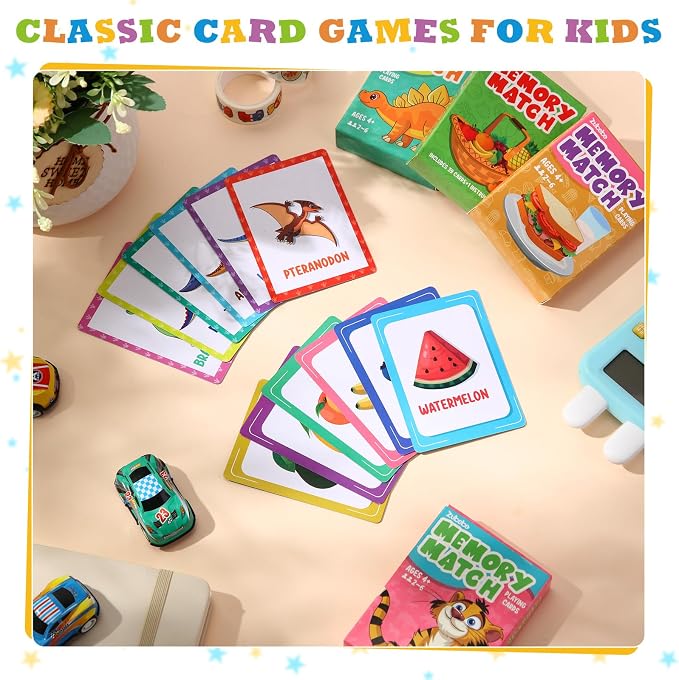 Zubebe 4 Sets Memory Matching Card Game Ages 4+, Family Party Game,Style 1 | Learning Toy with Animal Dinosaur Food Themes, Ideal for Family Night Classroom Prizes Party Favors, Builds Memory Skills