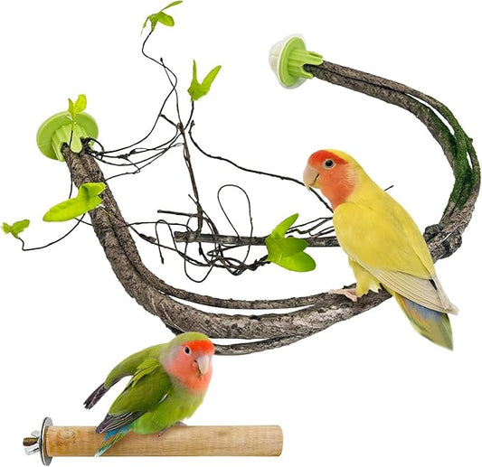 PINVNBY 2 PCS Bendable Bird Perches Simulation Branch Parrot Perch Stand with Green Leaf Hanging Paw Grinding Fork Cage Accessories for Parakeet Budgie Finch Cockatiel Conure (Large)