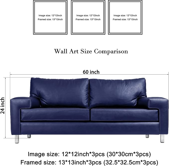 Wieco Art Framed Blue Abstract Flowers 3 Panels Canvas Prints Wall Art Modern