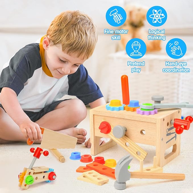Wooden Tool Set for Kids 3 4 5 Year Old, 29Pcs Educational STEM Toys Toddler Montessori Toys for 3 Year Old Construction Preschool Learning Activities Gifts for Boys Girls Age 3-4