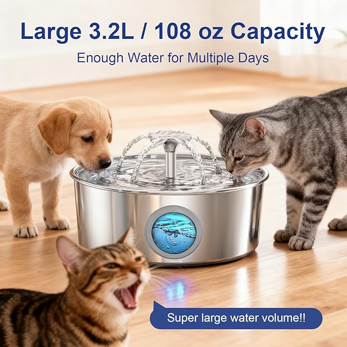 LucidShine 108oz/3.2L Stainless Steel Cat Water Fountain with 12 Filters (up to 1-Year Supply), Large Capacity Dog Water Fountain, Ultra Quiet Automatic Metal Pet Water Dispenser