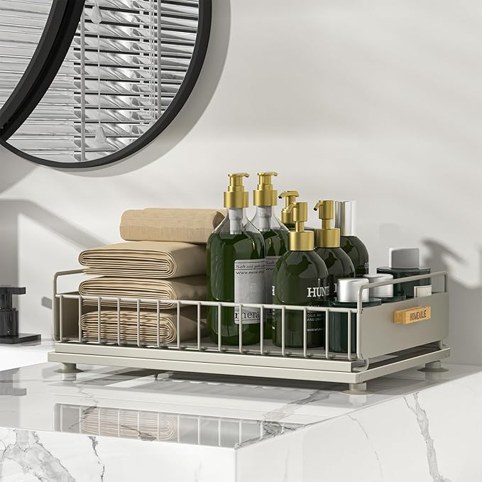 Under Sink Organizer, Single Tier Metal Pull Out Sliding Drawer Shelf for Kitchen Bathroom Cabinet Storage, Sturdy Rack – Gray