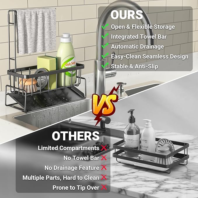 Sponge Holder for Kitchen Sink, Kitchen Sink Organizer with Towel Rack, Rustproof 201 Stainless Steel Sink Caddy, Kitchen Accessories and Decor