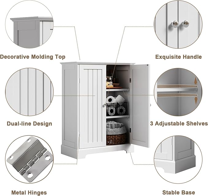 ChooChoo Bathroom Floor Cabinet, Modern Bathroom Storage Cabinet with 2 Doors and Adjustable Shelves, Freestanding Cupboard for Living Room, White