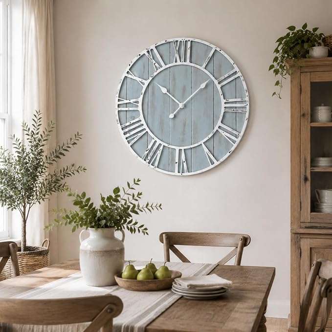 Quelay 30 Inch Coastal Wall Clock, Quiet Ticking Battery Operated, Rustic Retro