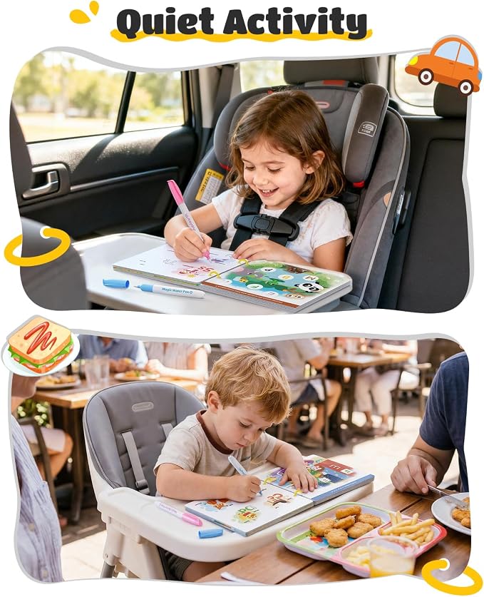 JUPITEARTH 28 Pages 3-in-1 Pack Mess Free Coloring Book Set for Toddlers | Reusable Water Painting Book with 2 Refillable Water Pens,Educational Activity Toys for Toddlers