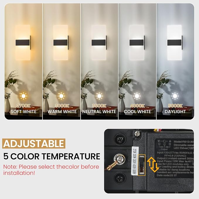 Modern LED Wall Sconces Set of Two, 12 Inch Indoor Dimmable Black Wall Lights