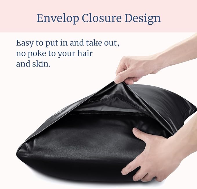 BEDELITE Satin Pillowcase for Hair and Skin, Super Soft and Cooling Similar to Silk Pillow Cases 2 Pack with Envelope Closure, Gift for Women Men(20"x30" Queen Size, Black)