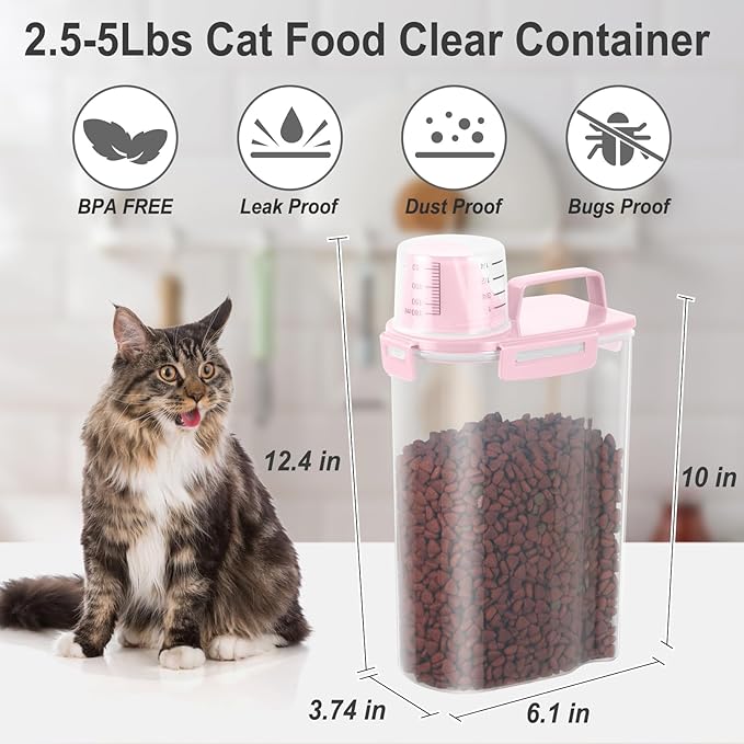 2.5-5LBS Upgraded Large Nozzle Dog Cat Food Storage Container BPA-free, Airtight Pet Food Storage Bin with 4 Lock Buckles, Sealing Gasket, Cup for Pet Food, Cereal, Dog Treats, Rice, Pink-2 Pack