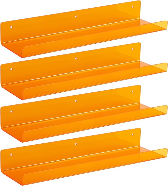 Acrylic Wall Shelves, 15 in, 4 Pack – Clear Orange