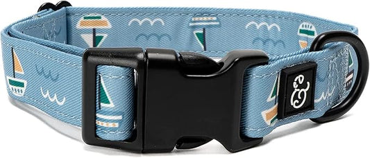 Lucy & Co. Set Sail Adjustable Dog Collar- Cute Designer Pet Collar for Small, Medium, Large Dogs- Buckle Closure Dog Accessories, Medium, Blue with Green & Yellow Sailboats