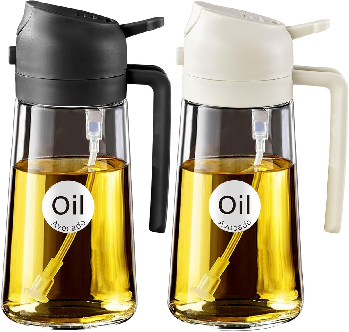 YARRAMATE 16oz/470ml Glass Olive Oil Sprayer for Cooking with Stickers, 2 in 1 Oil Dispenser for Kitchen Gadgets, Food Grade Premium Spray Bottle with Portion Control for Salad, Frying, BBQ (Black)