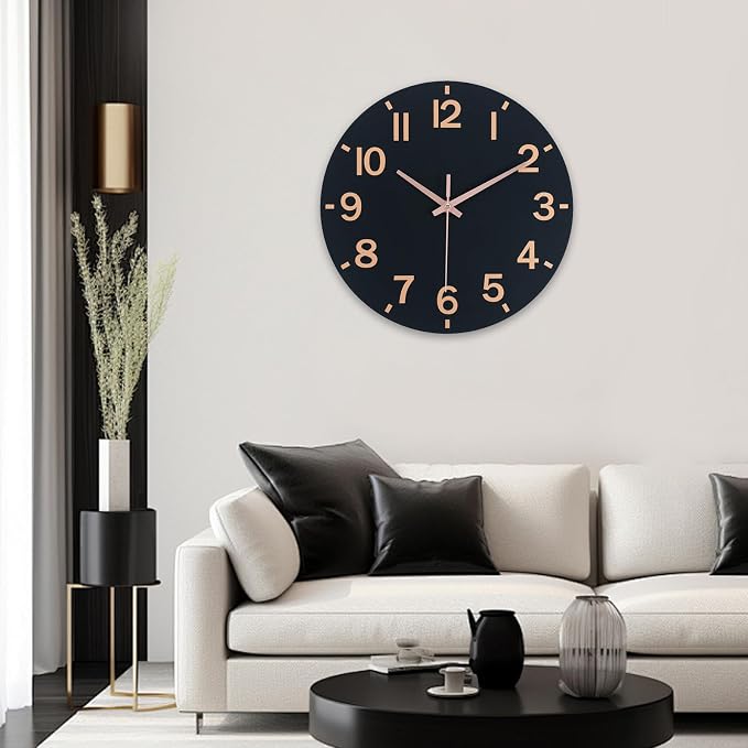 HZDHCLH Wall Clock 8 Inch Silent Non Ticking Wood Battery Operated Black Wooden