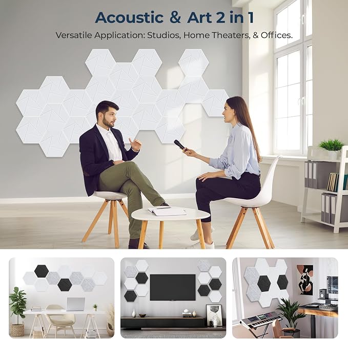 12 Pack Hexagon Acoustic Panels, Self-Adhesive Acoustic Wall Panels