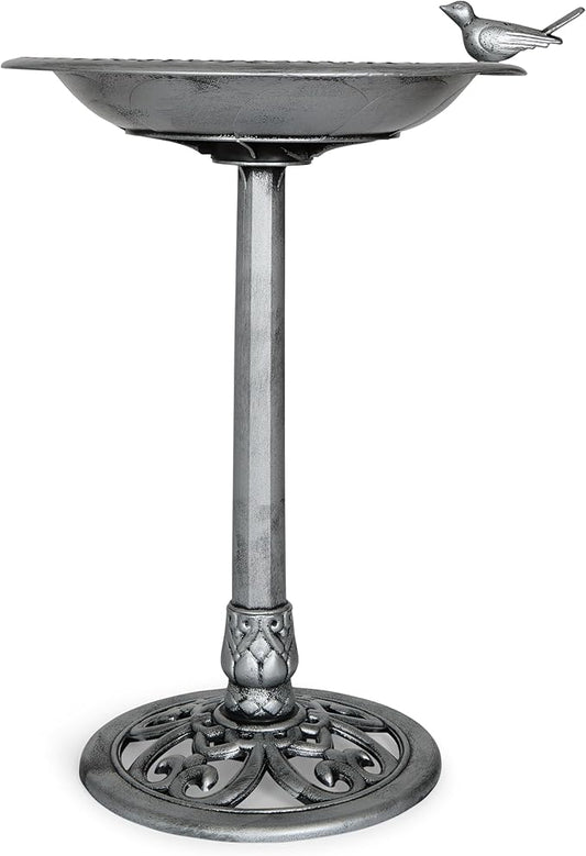 Outdoor Garden Bird Bath - Silver - Weather Resistant Polyresin - 30 Inch - Backyard Expressions