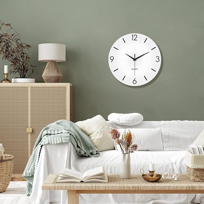 XFM Modern Simple Wall Clock 12 Inch Silent Wall Clocks Battery Operated White