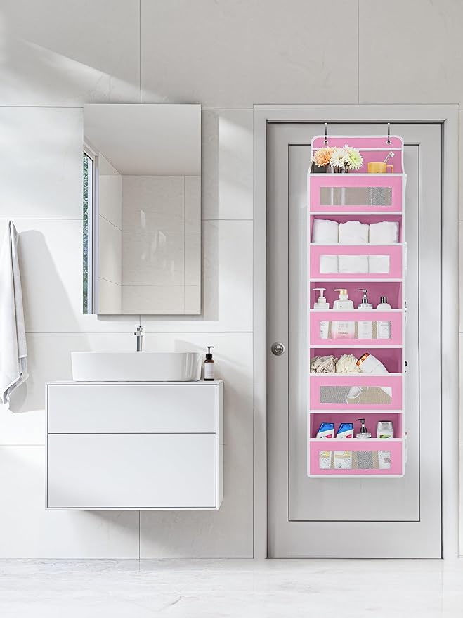 JARLINK Over The Door Organizer Storage, 5 Shelf Hanging Door Organizer with 5 Large Capacity Pockets, Anti Tilt 44 lb Load Behind Door Storage for Bedroom, Bathroom, Pantry, Nursery, (Pink)