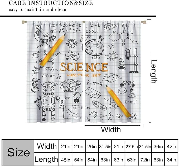 Science Symbols Kids Curtain Sketches Cartoon Chemistry Physics Geometry Education Pattern Print Window Drapes for Bedroom Living Room Kitchen Decor,2 Panel Set,63x63 Inch Blackout