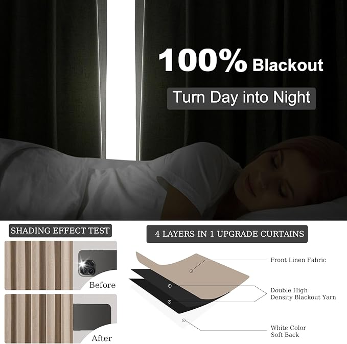 Topfinel Extra Long Total Blackout Linen Curtains 108 Inches Long for Living Room Large Window with Hooks Rings, Pinch Pleated Cold Blocking Acoustic Heavy Taupe Track Curtains 2 Panels 9 FT