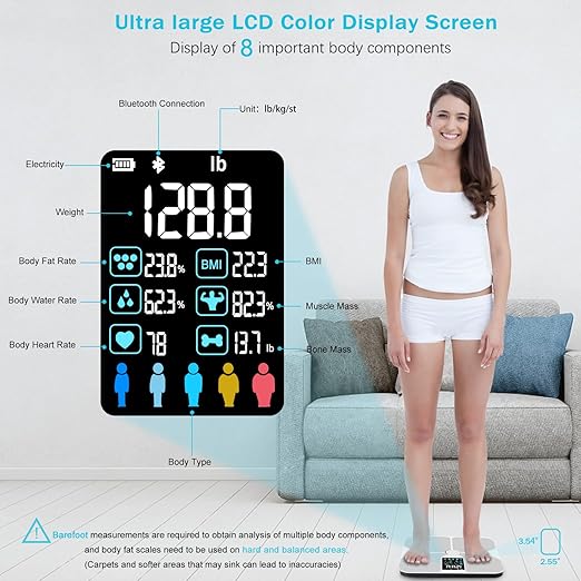 Multi Functional LCD Large Screen Intelligent Digital Body Fat Scale, Tempered Glass Bathroom Scale, Body Composition Analyzer with Smartphone Application and Bluetooth synchronous Scale