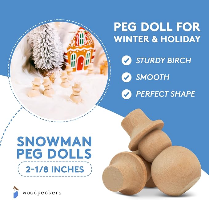 Snowman Peg Dolls 2-1/8 inch, Pack of 50 Wooden Peg Dolls for Christmas Crafting, Nativity Scenes, Holiday Decorations, by Woodpeckers