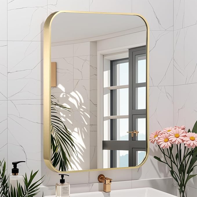 20x28 Inch Gold Bathroom Mirror, Brushed Brass Gold Metal Framed Rectangular