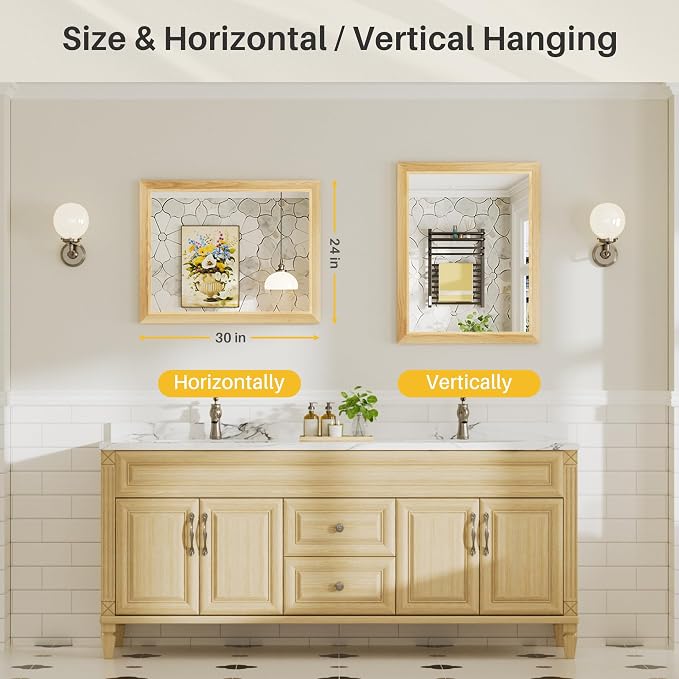 24x30 Inch Bathroom Mirror for Wall, Anti-Rust Oak Wood Grain Metal Framed