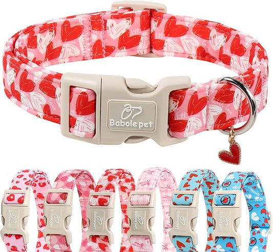Valentines Dog Collar for Medium Dogs - Cute Pink Girl Dog Collar, Doodle Heart Pattern, Adjustable Valentine Dog Collars with Red Heart Charm M