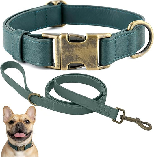 Dog Collar and Leash Set,Leather Silicone Waterproof Odor-Proof Dog Collar and Leash for Small Dogs, Soft Flexible Dog Collars, Durable Thick Adjustable Pet Collar (Green, Small (9-14" Neck))