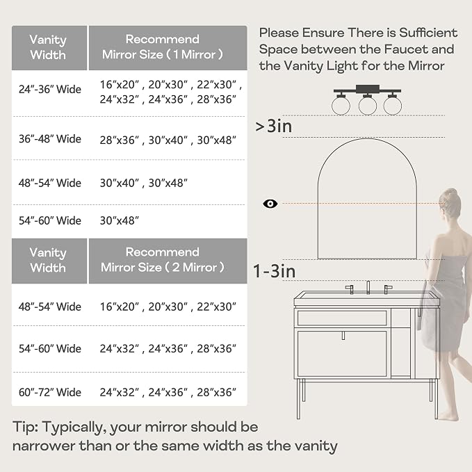 30" x 48" Black Arched Mirror, Arch Wall Mirror, Metal Frame Black Bathroom
