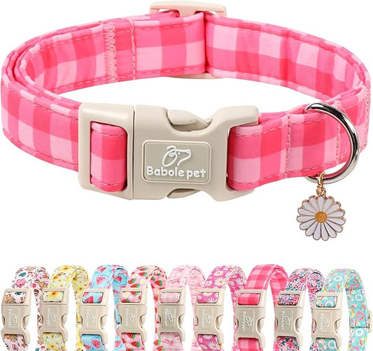 Girl Dog Collar for Giant Large Dogs - Cute Pink Plaid Puppy Collar, Soft Adjustable Spring Summer Female Dog Collars with Quick Release Buckle XL